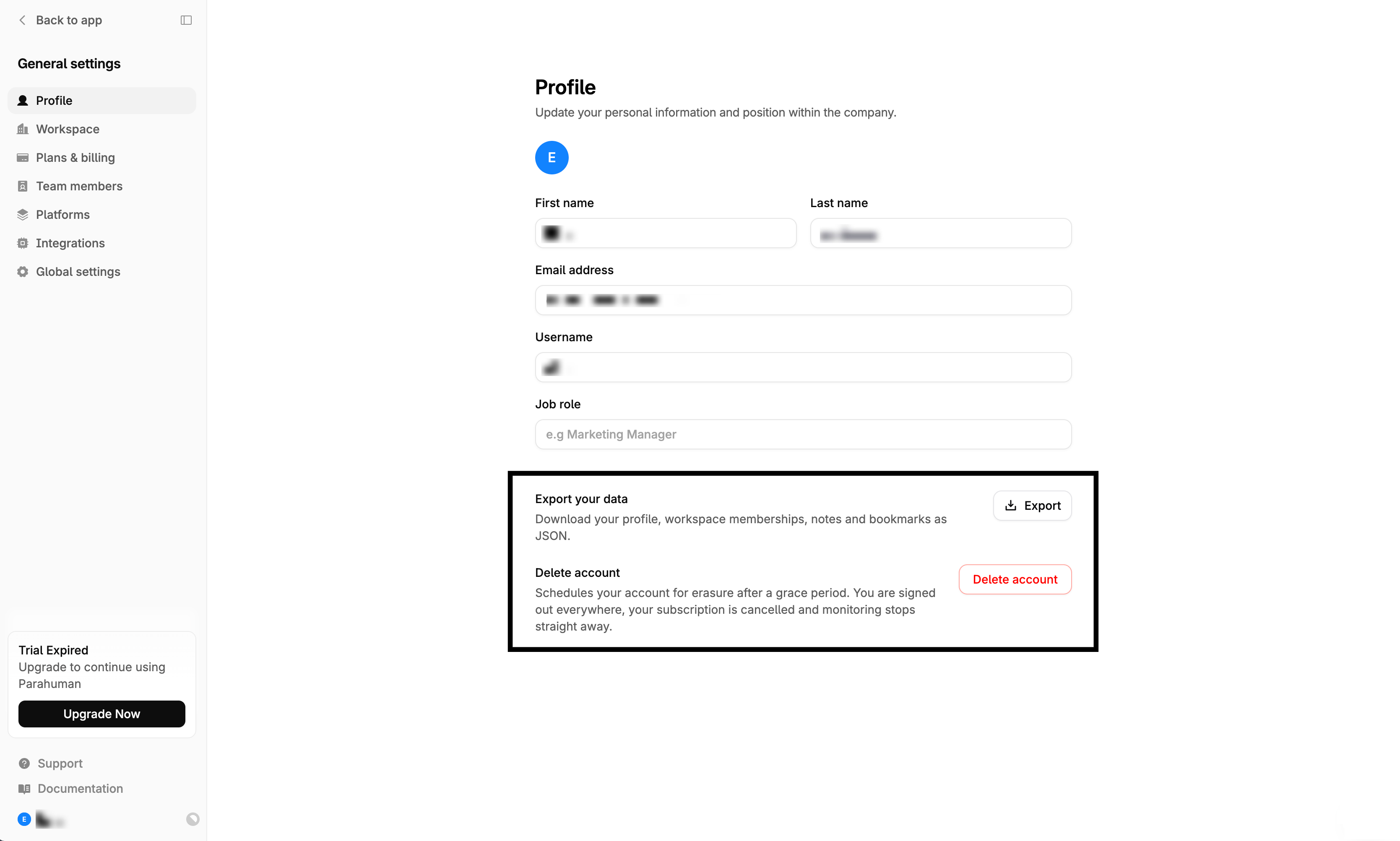 The Parahuman profile page, showing the data export and account deletion controls.